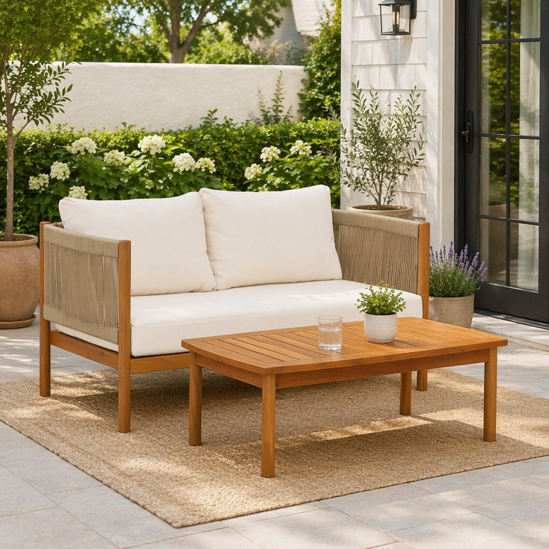 Ensemble de causeuse et de table basse d'extérieur avec structure en bois d'acacia, panneaux de corde beige et coussins crème pour une élégante terrasse