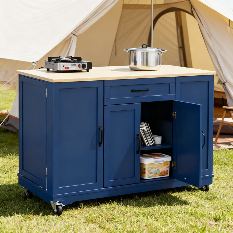 Îlot de cuisine roulant avec prise de courant, abattant et armoire de rangement | Chariot de service mobile avec poubelle, support à micro-ondes et range-épices