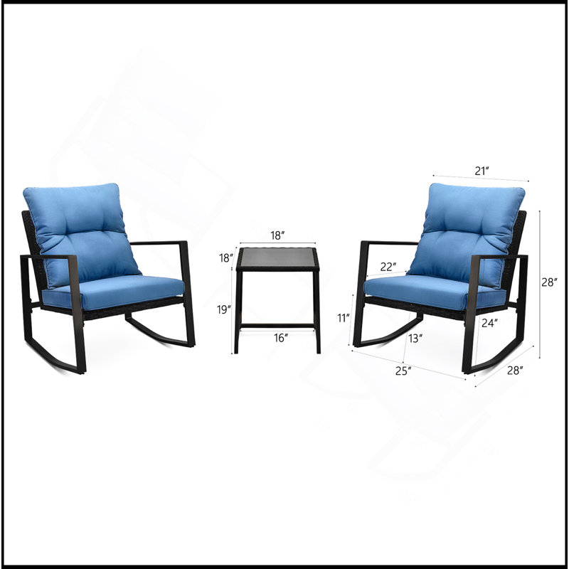 Ensemble de bistro 3 pièces pour terrasse avec coussin bleu pour jardin