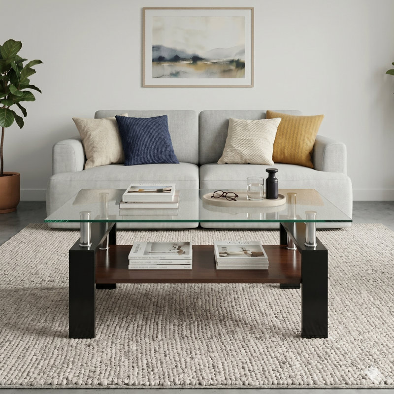 Fraiya Rectangle Coffee Table with Tempered Glass & MDF Storage Shelf, Modern Living Room or Office Center Table, Black