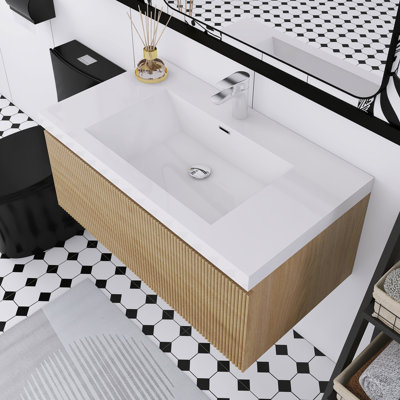 Natural Oak Wall-Mounted Bathroom Vanity With Stone Resin Countertop And Soft Close Drawers