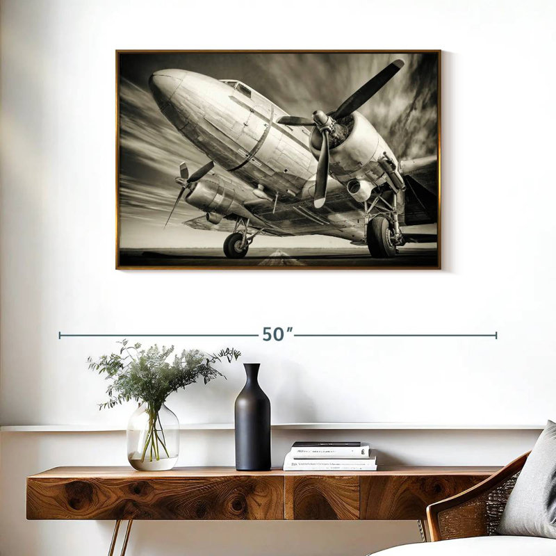 Avion rétro monochrome, Cadre flottant doré, 37 po x 25 po