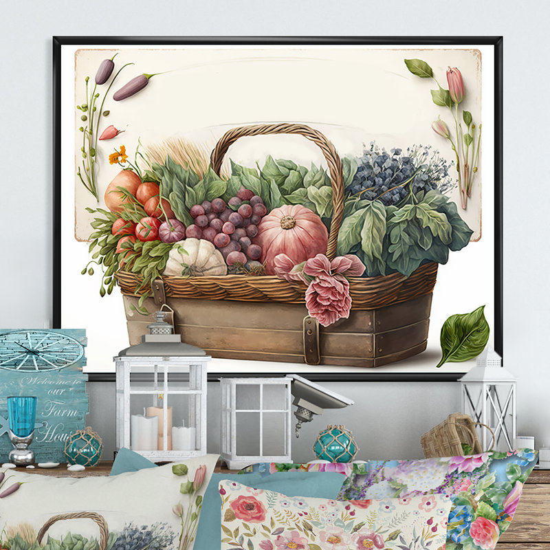 Fruit in Basket III - Lake House, art mural, L 32 po x H 24 po, Toile avec cadre flottant noir