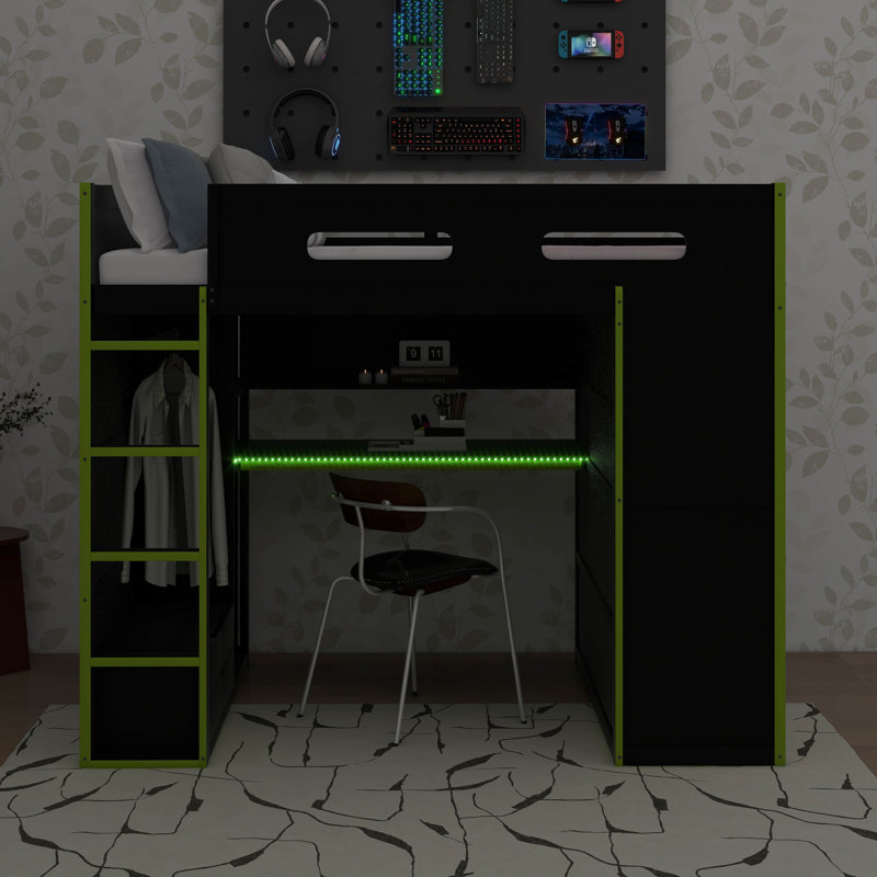 Lit mezzanine double avec bureau intégré, garde-robe, tiroirs de rangement et lumière DEL RVB, Green