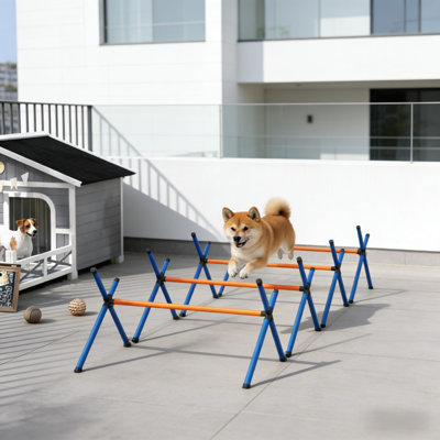 Dog Agility Equipment 34.3" L x 22" W x 16.1" H ABS Oxford Fabric and Plastic 4 Pieces Garden Set Black Blue Orange 4 Jumps with Three-Level Height Adjustment