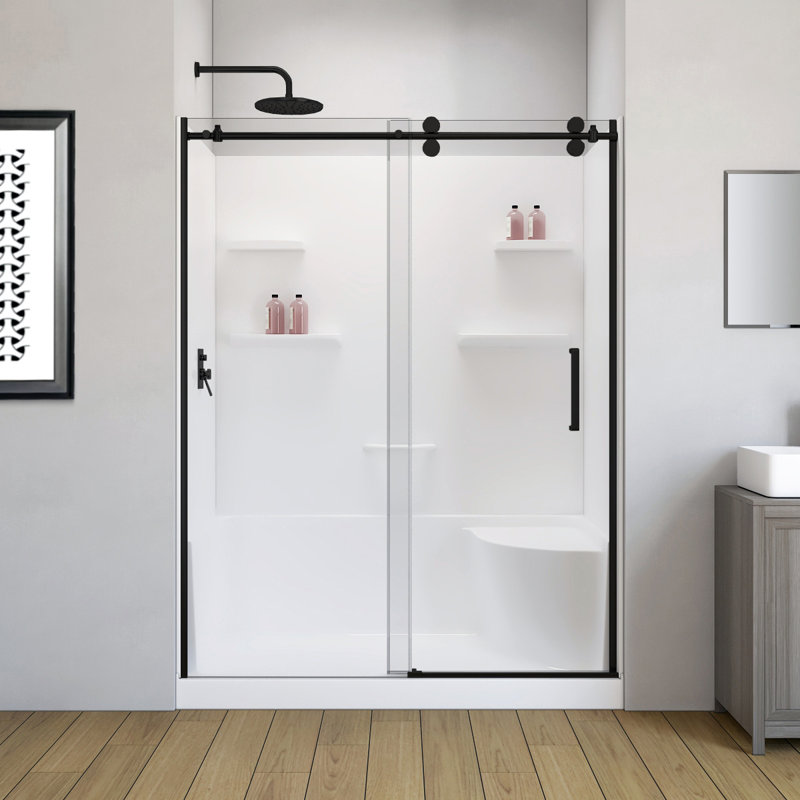 Carlyn 76" L X 60" W X 32" H Rectangle Shower Kit With Integrated Seat And Shelves, Left, Black