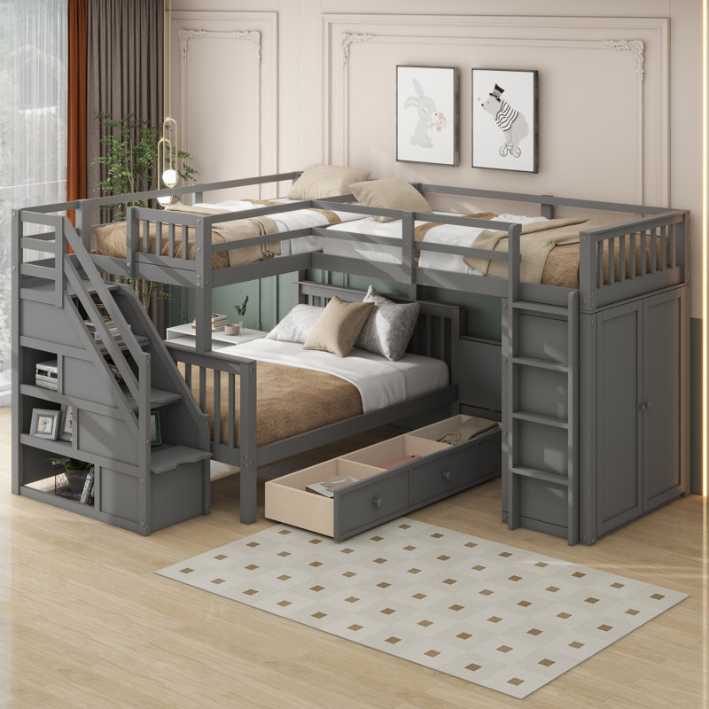 Jamelah Twin-Twin over Full L-Shaped Bunk Bed With 3 Drawers, Portable Desk and Wardrobe, Gray