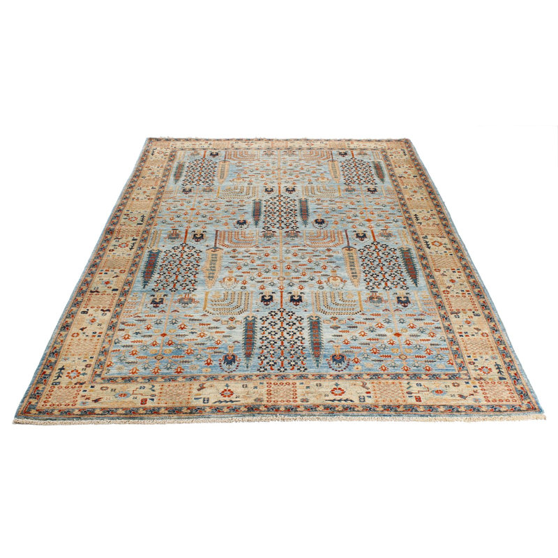 Tapis traditionnel bleu clair et vert clair 5 x 8