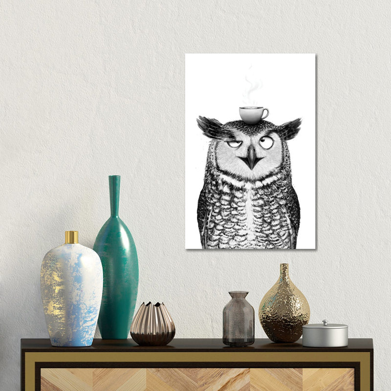 Hibou avec cappuccino - reproduction d'art murale - toile tendue, 18" x 12", Toile tendue avec châssis, No Frame