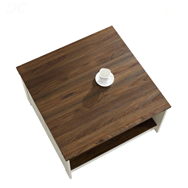 Table basse Table basse de style campagnard avec rangement Table de cocktail en bois rustique, table basse carrée pour salon avec espace de rangement semi-ouvert, noyer et ivoire, table