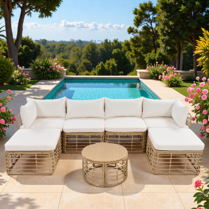 Ensemble de canapé modulaire d'extérieur en rotin 7 pièces avec coussins épais, conception tissée creuse et pieds réglables 7 pièces