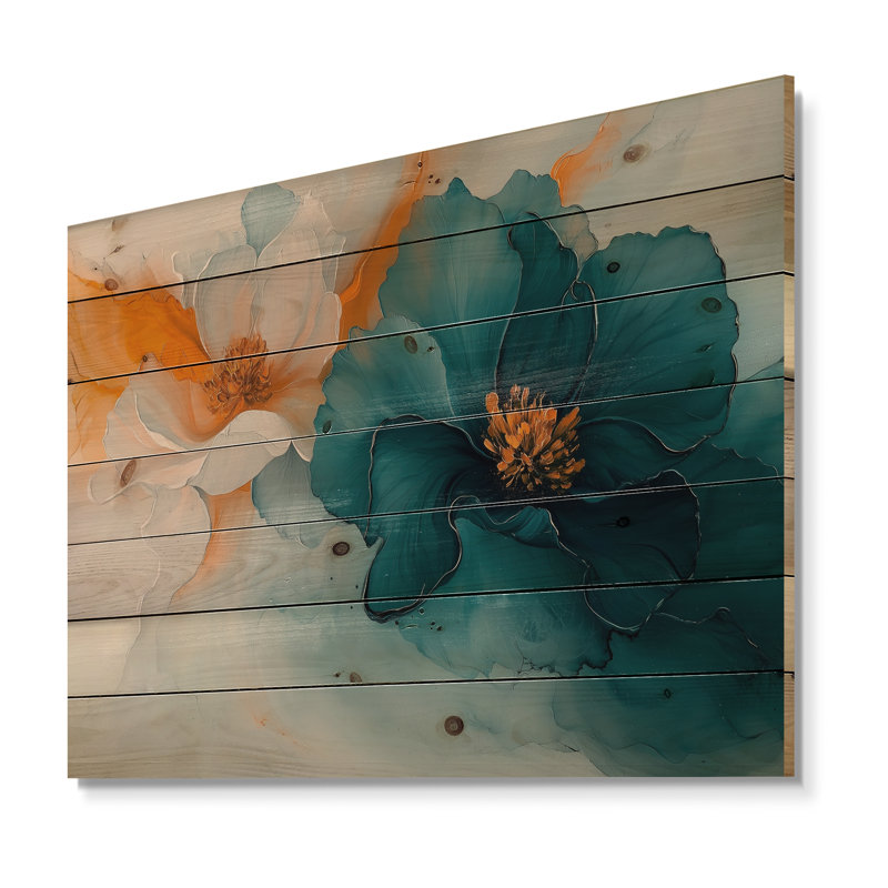 Abstrait renoncule doré et turquoise I - reproduction de bois de renoncule - sur bois de pin naturel