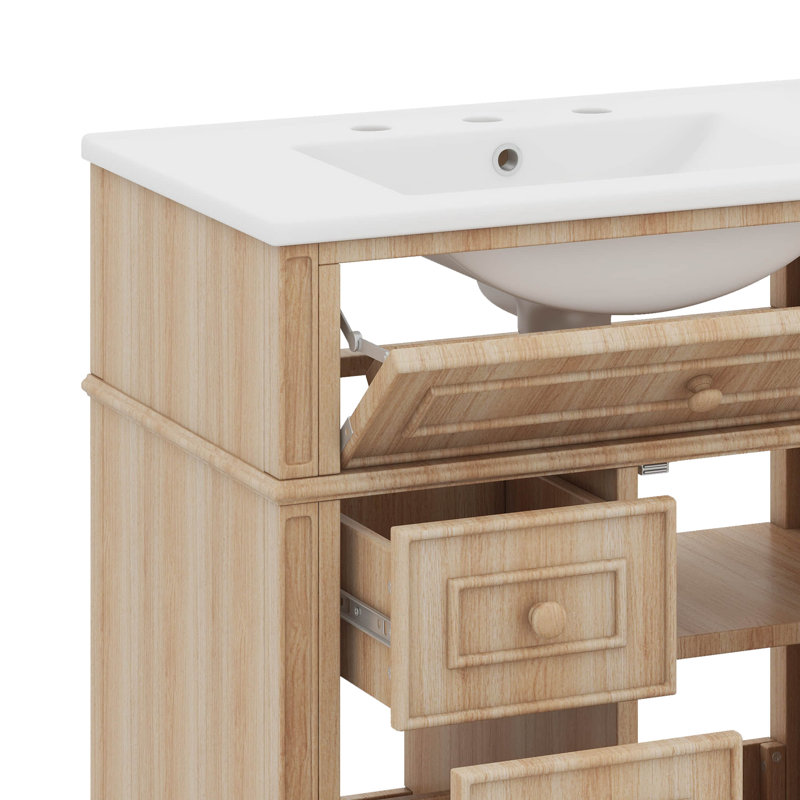 Ensemble de meuble-lavabo 30 po avec lavabo, armoire de rangement moderne avec 2 tiroirs et un tiroir basculant, Bois clair