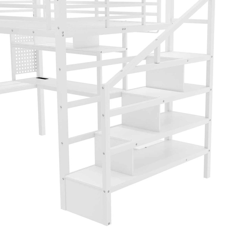 Lit mezzanine double avec lumière DEL et station de charge, lit mezzanine avec bureau et garde-robe pour enfants, Blanc