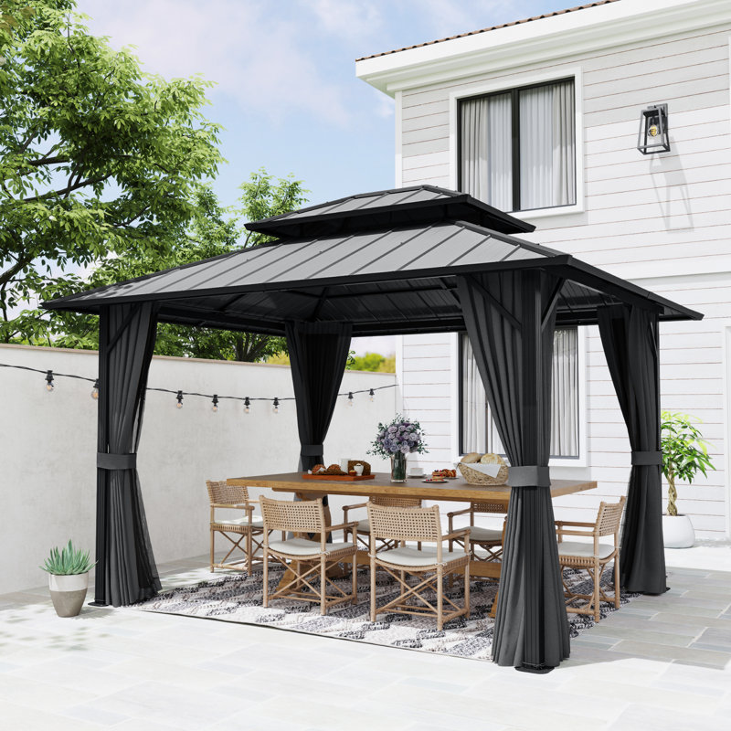 Double Roof Hardtop Metal Patio Gazebo with Curtains and Netting, 77.3"H x 122.4"W x 95.5"D, Grey, Grey