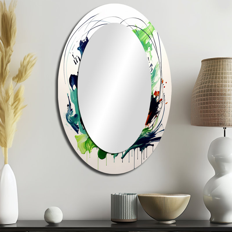 Green And White Abstract Ink Expression III - Green Oval Wall Mirror Decor, 36" x 24"