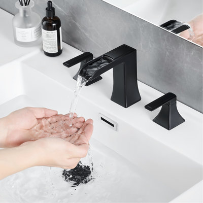 Bathroom Sink Faucet 8 Inch Widespread, Black With Side And Ceramic Cartridge Widespread Basin Faucet, Pop Up Drain Double Lever Handle For