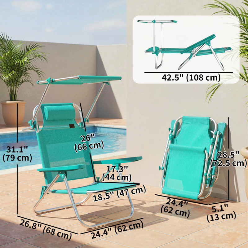 Chaises de plage pliantes 2 pièces avec auvent réglable, turquoise