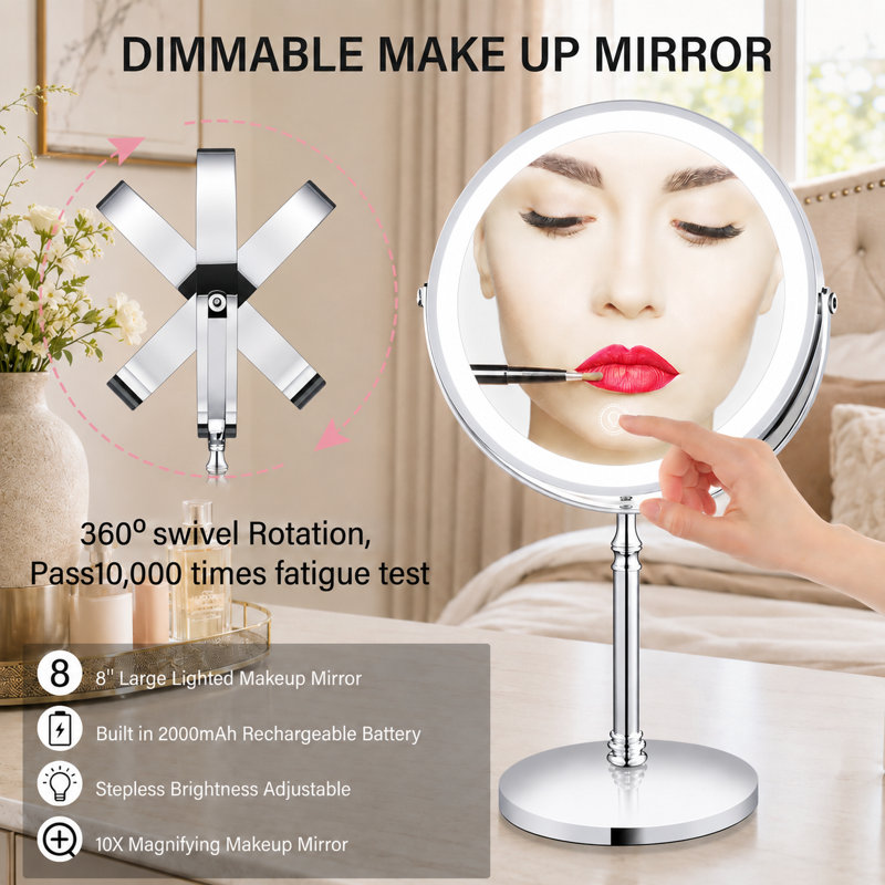 Miroir de maquillage 8 po à DEL double face avec lumières, grossissant 1 / 10X, rotation à 360 degrés, à intensité variable, 3 couleurs d'éclairage, rechargeable, chrome