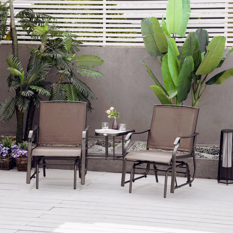 Brown Outdoor Glider Chairs With Coffee Table, Patio 2-Seat Rocking Chair Swing Loveseat With Breathable Sling For Backyard Garden And Porch