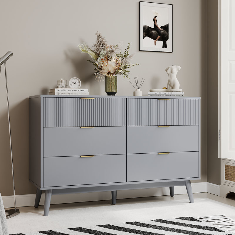Commode 6 tiroirs en bois naturel - Surface rayée, Gris