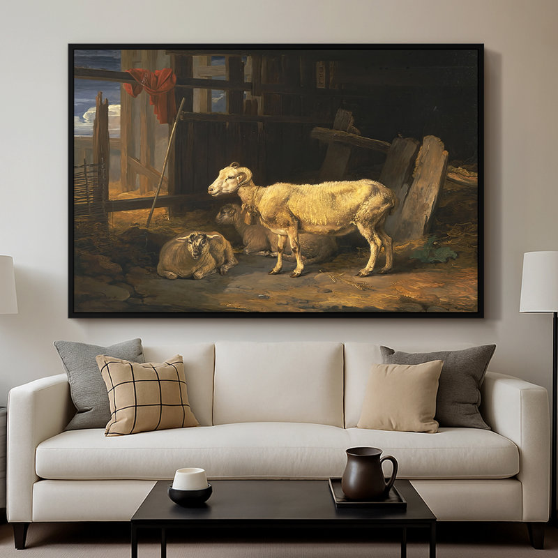 «Sheep in a Stable», 1810 - Toile tendue avec châssis James, 26 x 40, Noir