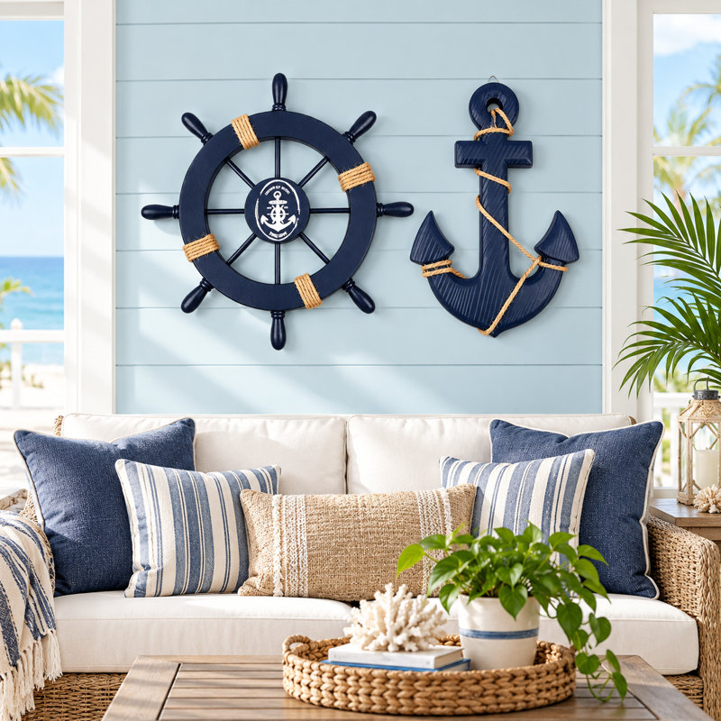Ensemble de 2 décorations murales en bois nautique avec ancre, bateau de bord de mer bleu et corde suspendue pour la maison, décoration de plage