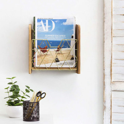 Brass Wire Wood Magazine Rack
