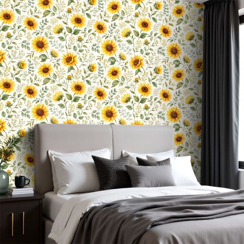 Papier peint pelez et collez, tournesol vibrant, feuilles vertes, fleurs jaunes, l 17,7 po x H 118 po auto-adhésif amovible