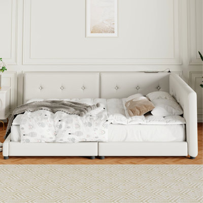 Lit pour grand lit tapissier avec ports, beige - structure moderne et confortable en lin