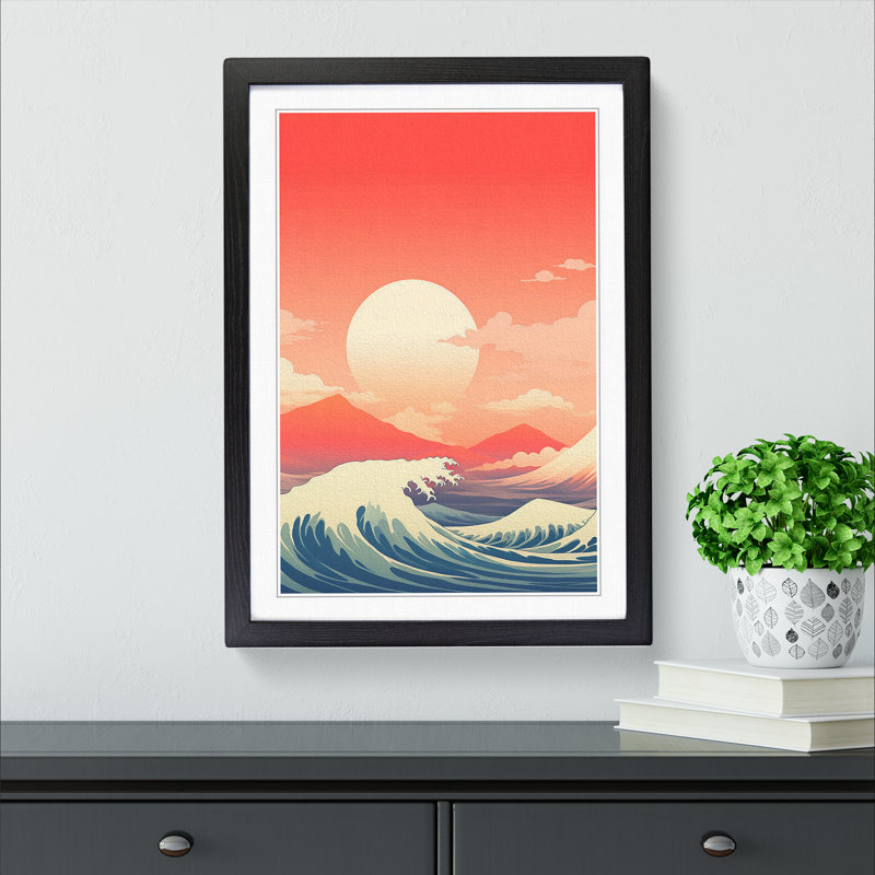 Wave Japanese Minimalism - Framed Print, 64cm H x 46cm W, Black Framed