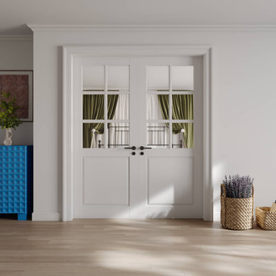 48'' X 96''H Double 6-Lite Clear Glass Solid Wood Interior Doors White Primed Solid Core French Doors