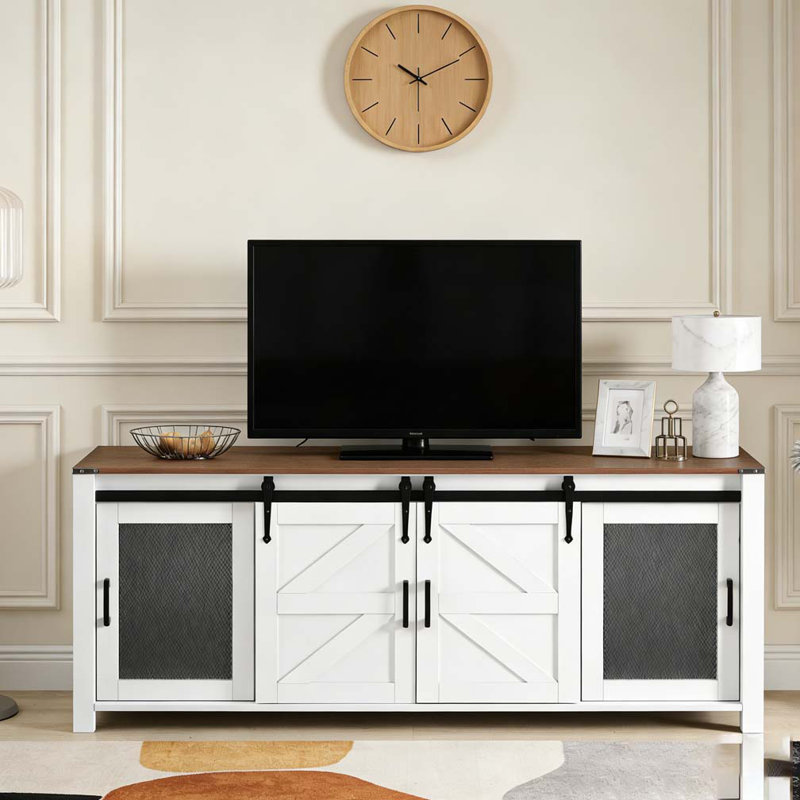 59.3''Sideboard with Sliding Barn Door and Mesh Panels,Farmhouse Buffet with Open Storage, Brown+White
