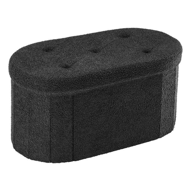 Oval Storage Ottoman with Teddy Velvet Upholstery, Foldable Storage Bench for Bedroom and Entryway,30", Black