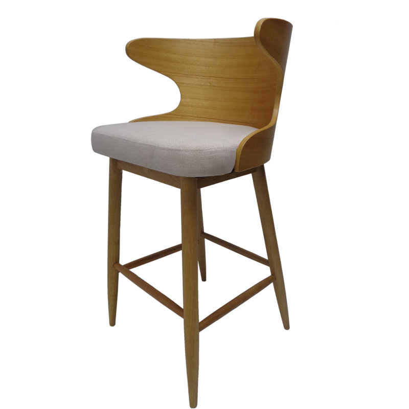 Light Beige Upholstered Wood Mid-Century Modern Barstools, Set of 2