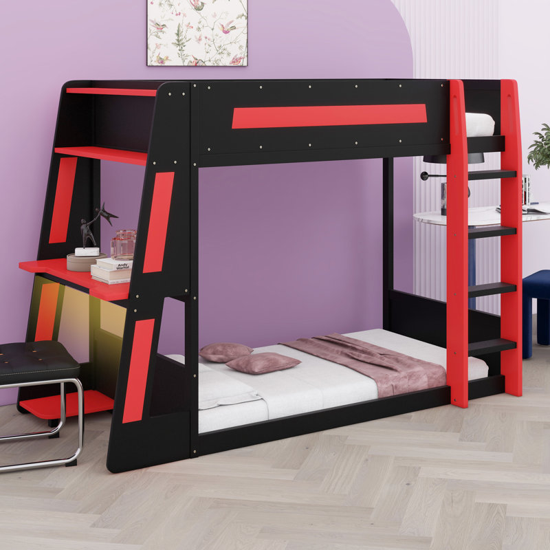 Lit superposé en bois avec bureau, Noir / Rouge