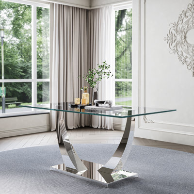 63'' Rectangular Glass Dining Table With U-shaped Stainless Steel Base