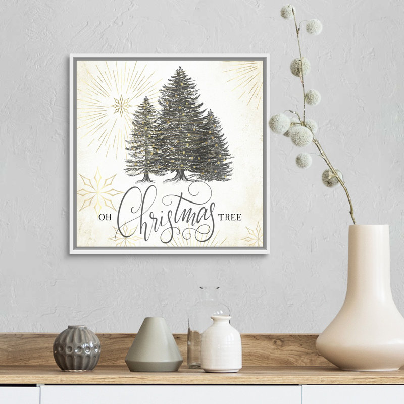 «Christmas Joy Oh Christmas Tree» par Nicole Tamarin - peinture sur toile tendue, H 17,25 po x l 17,25 po, Cadre blanc