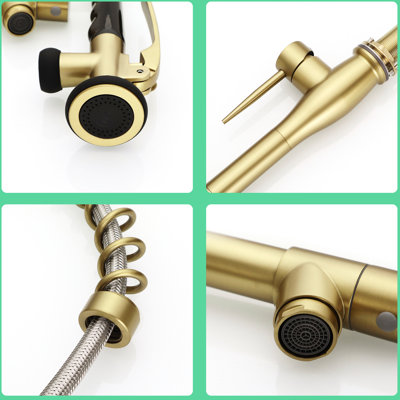 Brushed Gold Single Lever Kitchen Sink Faucet With Pull Down , Stain - Surface, Fast Installation Contemporary In Gold, Hole Design, Efficient Water Mixing