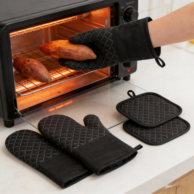 4-pack Potholder & Oven Mitt Set, Silicone Grid Kitchen Gloves For Baking