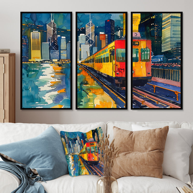 Train à Hongkong Pop Art I - ensemble de salon Wall Art, Toile avec cadre flottant noir, H 32 po x l 16 po x P 1 po
