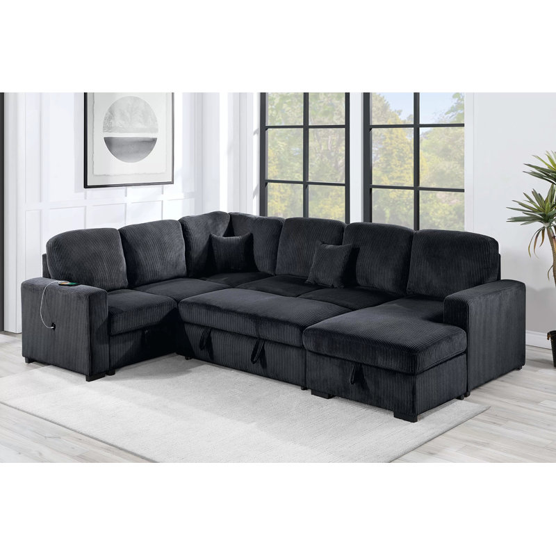 Canapé modulaire convertible 4 pièces Wilfrid, Velours côtelé noir 