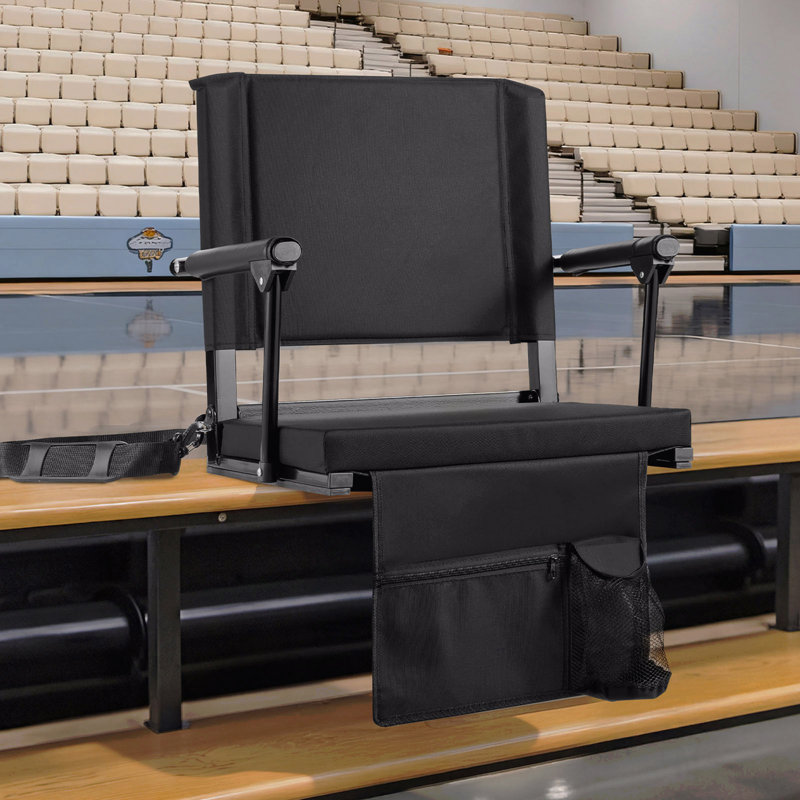 Portable Bleacher Seat With Armrest, Back Support And Thick Cushion, Bench Chair For Bleacher Includes Shoulder Strap, Hooks, Cup Holder, Black Football Bleachers Seats, 2Pcs