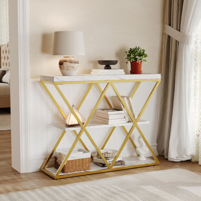 39" Entryway Table - 3 Tier Narrow Console Sofa Table with Storage Shelf, X-Shaped Metal Frame, Industrial Accent Tables for Living Room Hallway, Foyer