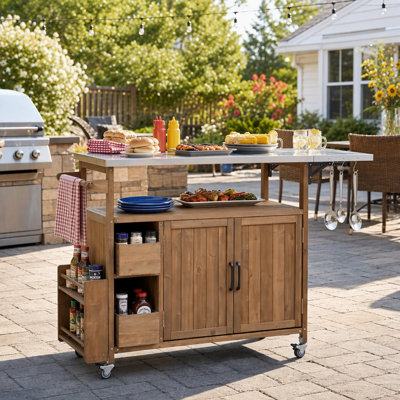Versatile Outdoor Grill Cart with Stainless Steel Top, Spice Rack, Towel Rack, Lockable Wheels & Multi-Functional Storage