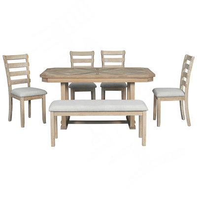 6-Piece Rubber Wood Dining Table Set With Beautiful Wood Grain Pattern Tabletop Solid Wood Veneer And Soft Cushion