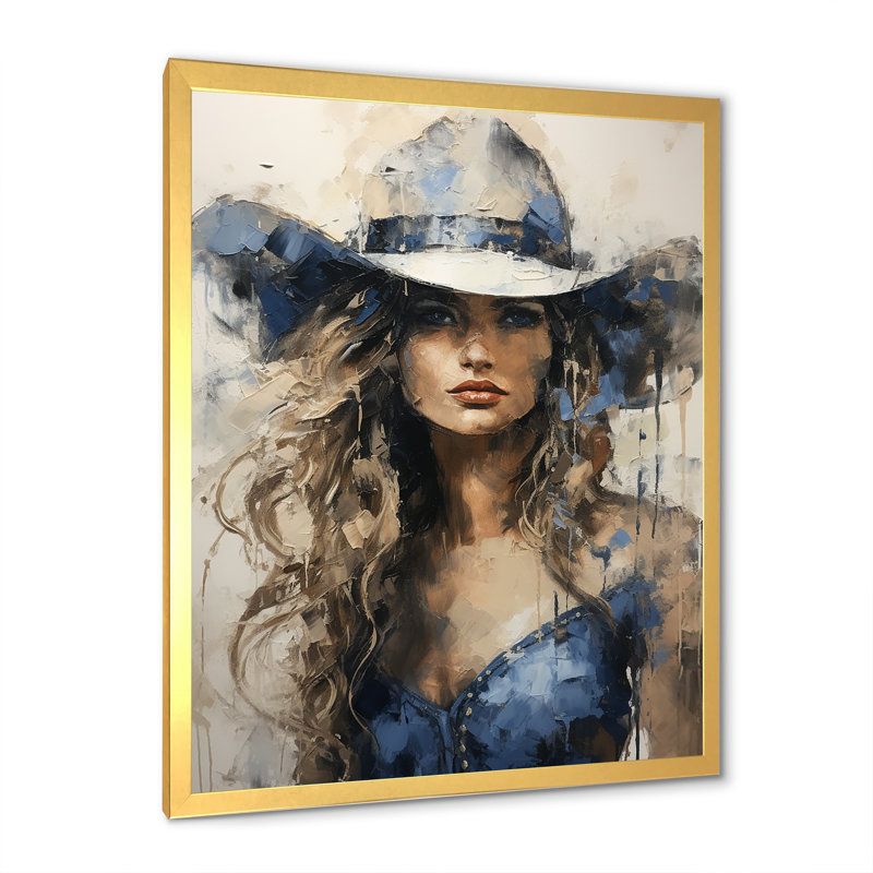 Minimalisme, cow-boy bleu, peinture sur toile, Cadre doré simple, H 40 po x l 30 po x P 1,5 po