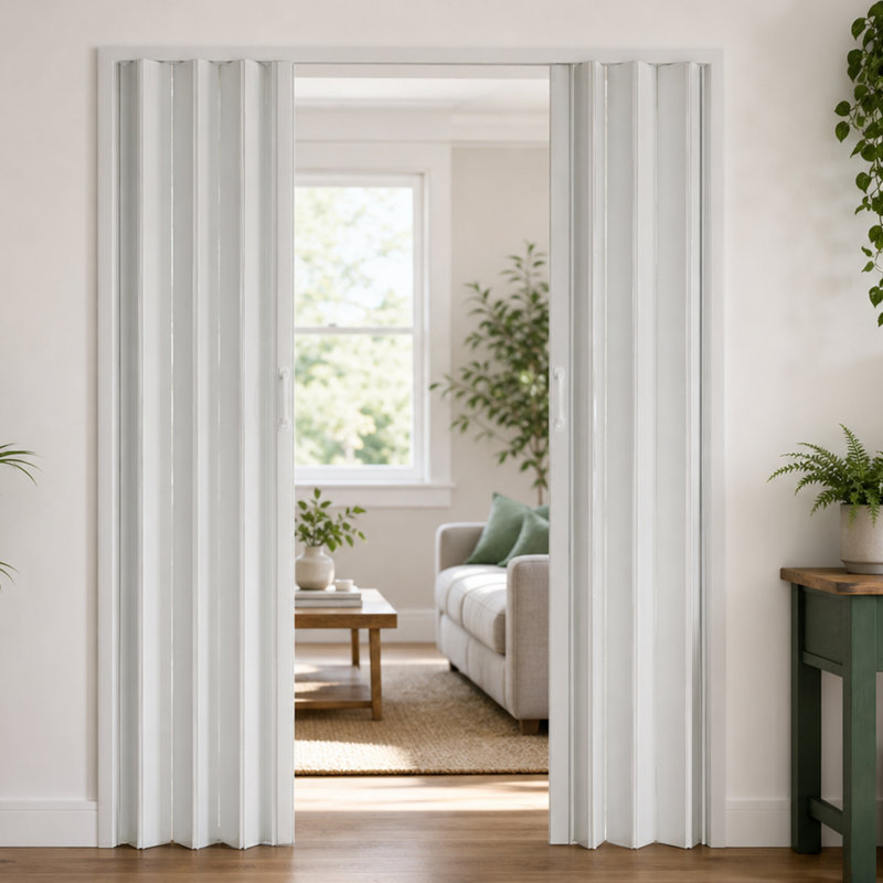 Porte pliante accordéon en PVC 77 po, double ouverture avec roulettes silencieuses et poignées doubles