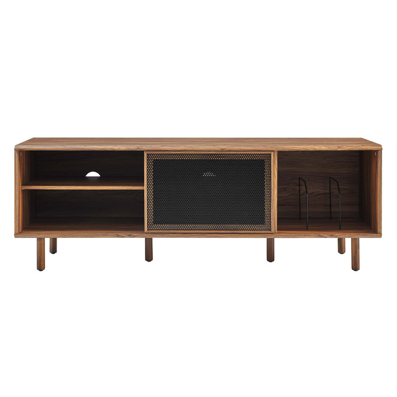 Walnut 67" TV and Vinyl Record Stand with Metal Mesh Doors