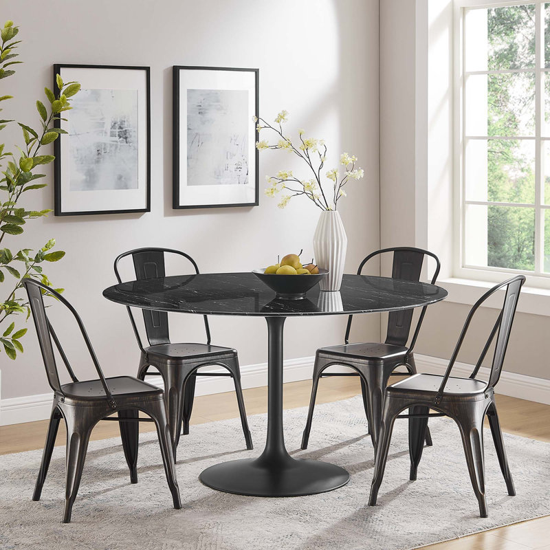  Table de salle à manger en marbre artificiel Lippa, Noir, Noir, H 28,5 po x l 54 po x L 54 po